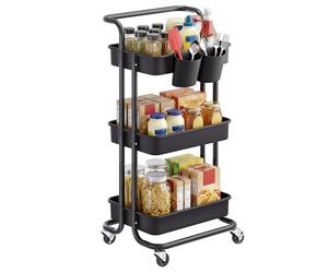 SONGMICS Carro Rodante, Caritro de Almacenamiento de 3 Niveles, con Mango, 2 Organizadores Pequeños, Marco de Acero, Cestas de Plástico, para Dormitorio, Lavadero Baño, Negro BSC067B01