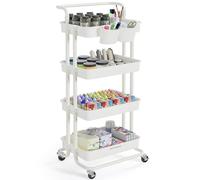SONGMICS Carro Rodante de 4 Niveles, con Mango, Marco de Acero, Blanco | 2 Organizadores Pequeños, Cestas de Plástico, para Dormitorio, Lavadero Baño, Colección PATAYE BSC077WZ01