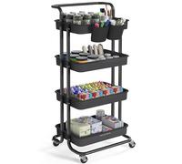 SONGMICS Carro Rodante de 4 Niveles, con Mango, Marco de Acero, Negro Tinta | 2 Organizadores Pequeños, Cestas de Plástico, para Dormitorio, Lavadero Baño, Colección PATAYE BSC077B01