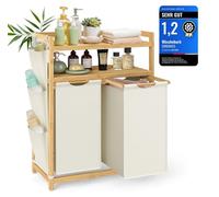 SONGMICS, cesta de ropa con 2 compartimentos, bambú, 100 litros, con espacio de almacenamiento, color crema, tamaño 100 litros (2 niveles + 2 compartimentos)