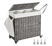 SONGMICS Cesta tejida para la ropa sucia con tapa, 140 l, 3 compartimentos | Cesta con ruedas, bolsa interior extraíble, para lavandería, dormitorio, 66 x 33 x 66 cm, gris, Colección ELIOTT LCB363G01