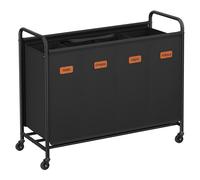 SONGMICS Cesto de Ropa con Ruedas, Cesta de Ropa 4 Compartimentos, 200 L, Carro de Ropa Móvil, 5 Etiquetas, para Lavadero, Dormitorio, Baño, Negro Tinta Black