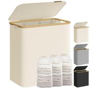 SONGMICS Cesto de Ropa Sucia con Tapa, 150 L, Plegable, 60x38,5x70,5 cm | Gran Cesta, Forro de Malla Extraíble, Tejido Oxford, Asas Bambú, Blanco Crema y Bambú Claro, Colección ROXANNE LCB515W01