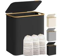 SONGMICS Cesto de Ropa Sucia con Tapa, 150 L, Plegable, 60x38,5x70,5 cm | Gran Cesta, Forro de Malla Extraíble, Tejido Oxford, Asas Bambú, Negro Tinta y Bambú Claro, Colección ROXANNE LCB515B01