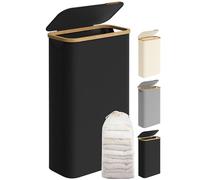 SONGMICS Cesto de Ropa Sucia con Tapa, 65 L, Plegable, 42x22,5x70,5 cm | Cesta Compacta, Forro de Malla Extraíble, Tejido Oxford, Asas Bambú, Negro Tinta y Bambú Claro, Colección ROXANNE LCB506B01