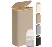 SONGMICS Cesto de Ropa Sucia con Tapa, 65 L, Plegable, 42x22,5x70,5 cm | Cesta Estrecha, Forro Extraíble, Tejido Oxford, Asas Bambú, Marrón Camello y Bambú Claro, Colección ROXANNE LCB506N02