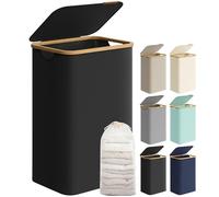 SONGMICS Cesto de Ropa Sucia con Tapa, 90 L, Plegable, 42 x 32 x 70,5 cm | Gran Cesta, Forro de Malla Extraíble, Tejido Oxford, Asas Bambú, Negro Tinta y Bambú Claro, Colección ROXANNE LCB509B01