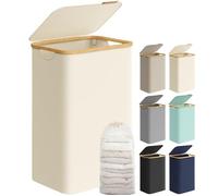SONGMICS Cesto de Ropa Sucia con Tapa, 90 L, Plegable, 42 x 32 x 70,5 cm | Gran Cesta, Forro de Malla Extraíble, Tejido Oxford, Asas Bambú, Blanco Crema y Bambú Claro, Colección ROXANNE LCB509W01