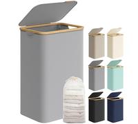 SONGMICS Cesto de Ropa Sucia con Tapa, 90 L, Plegable, 42x32x70,5 cm | Gran Cesta, Forro de Malla Extraíble, Tejido Oxford, Asas Bambú, Gris Paloma y Bambú Claro, Colección ROXANNE LCB509G01