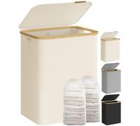 SONGMICS Cesto de Ropa Sucia con Tapa, Gran Cesta Colada de 2 Secciones, 130 L, Forro de Malla Extraíble, Tejido Oxford, Asas Bambú, Plegable, 52 x 38,5 x 70,5 cm, Blanco Crema LCB513W01