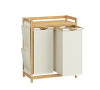 SONGMICS Cesto para Ropa Sucia, 2 Compartimentos, Bambú, Cesta Ropa Sucia 150 L, con Estante, Bolsa, Bolsillos Laterales, Estante, 2 x 50 L, 63 x 33 x 78 cm, Blanco Crema Blanco