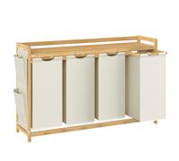 SONGMICS Cesto para Ropa Sucia, 4 Compartimentos, Bambú, Cesta Ropa Sucia 150 L, con Estante, Bolsa, Bolsillos Laterales, Estante, 4 x 50 L, 124,6 x 33 x 78 cm, Blanco Crema