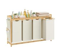 SONGMICS Cesto para Ropa Sucia de Bambú, 4 Compartimentos, 200L | Con Estante y Bolsas Extraíbles, 124,6 x 33 x 78 cm, para Baño RLH120W01