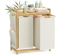 SONGMICS Cesto para Ropa Sucia de Bambú, 2 Compartimentos, 100L | Con Estante y Bolsas Extraíbles, 63,2 x 33 x 78 cm, para Baño RLH100W01