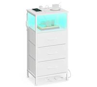 SONGMICS Colección BELLAH - Mesita de Noche con Estación de Carga, Mesa Auxiliar con Luz LED Ajustable Controlada por App, 1 Estante y 3 Cajones, Dormitorio, Blanco Nube y Blanco Nieve LGS303WH03