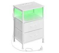SONGMICS Colección BELLAH - Mesita de Noche con Estación de Carga, Mesa Auxiliar con Luz LED Ajustable Controlada por APP, 1 Estante y 2 Cajones, Dormitorio, Blanco Nube y Blanco Nieve