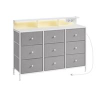 SONGMICS Cómoda, Cajonera con 9 Cajones e Iluminación LED, Regleta de Enchufes, Marco de Acero, 33,5 x 114 x 84 cm, para Dormitorio, Sala de Estar, Gris Paloma/Blanco Nube Gray