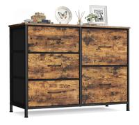 SONGMICS Cómoda con 5 Cajones de Tela, Marco de Acero, 98,7 x 30 x 74,7 cm | Cajonera, Organizador, para Dormitorio, Salón, Pasillo, Marrón Rústico, Colección BELLAH LGS235K101
