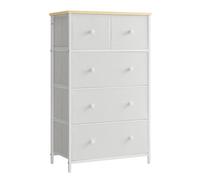 SONGMICS Cómoda, Unidad de Almacenamiento Tela, 5 Cajones, Cajonera de Estilo Industrial, para el Salón, Pasillo, Cuarto de Niños, Gris Claro y Blanco/Blanco y Roble/Amarillo Camello y Blanco Crema/Ma