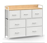 SONGMICS Cómodo, Armario, Mueble de Almacenamiento, 7 cajones de Tela con Asas, Marco de Metal, Estilo Moderno, Blanco Nube y Beige Roble LTS523W57