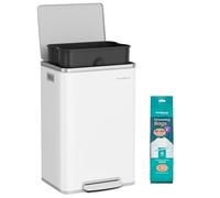 SONGMICS Cubo de Basura 50 L, con 15 Bolsas de Basura, Acero, Bolsa de Plástico Extraíble, con Tapa, Asas, Cierre Suave, Blanco Nube LTB595WC01