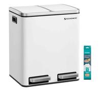 SONGMICS Cubo de Basura de Cocina, 2 x 15 L, Cubo con Cubeta Doble para Reciclaje y Residuos, con Pedal, Tapas de Cierre Suave, para Familias Pequeñas, Acero, Blanco Nube LTB30WT