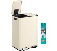 SONGMICS Cubo de Basura de Cocina, 2 x 30 L, 2 Compartimentos, Papelera de Pedal, con Tapa de Cierre Suave y Cubo Interior, Acero, Incluye 15 Bolsas de Basura, Crema LTB741AZ02