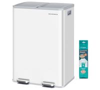 SONGMICS Cubo de Basura de Cocina, 2 x 30 L, 2 Compartimentos, Papelera de Pedal, con Tapa de Cierre Suave y Cubo Interior, Acero, Incluye 15 Bolsas de Basura, Blanco Mate LTB741W02