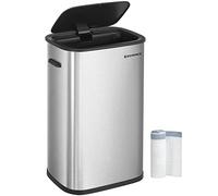 SONGMICS Cubo de Basura de Cocina 50 L, Basurero con Tapa con Sensor, Cierre Suave y Anilla de Sujeción de Bolsas, Acero Inoxidable, 15 Bolsas Incluidas, Plata LTB610E50