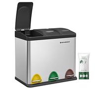 SONGMICS Cubo de Basura de Cocina, Basurero Clasificador 3 x 8 L, Capacidad Pequeña, con Tapas, Triple Cubo de Acero para Familias Pequeñas, Pedales y Cubos, Plata y Negro LTB24L