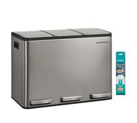 SONGMICS Cubo de Basura de Cocina de 3 x 15 L, con 3 compartimentos, 15 Bolsas, Cubos Extraíbles, Tapa, Asas, Cierre Suave, Acero Inoxidable, Plata LTB145EZ01