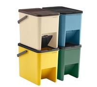 SONGMICS Cubo de Basura, Juego de 4 Cubos Apilables, 20 L Cada, Sistema de Separación Residuos, Tapas Apertura a Presión, con Pegatinas, Cubo de Almacenaje, Amarillo, Azul, Beige y Verde LTB760Q01