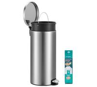 SONGMICS Cubo de Basura Redondo, Pedal de Metal, Acero Inoxidable, 30 L | Basurero con 15 Bolsas, Cubeta Interior Extraíble de Plástico, Asa, Cierre Amortiguado, Colección PLUSHIC, LTB031EZ02