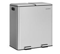 SONGMICS Cubo de Cocina, 2 x 30 L, Papelera Doble para Residuos y Reciclaje, con Tapas de Cierre Suave, Cubos Interiores Extraíbles, Pedales, Acero Inoxidable, Plata Metálico/Blanco Nube Metallic silv