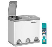 SONGMICS Cubo Triple para Cocina, 24 L, 3 x 8 L, Pedal, Acero | Sistema de Separación de Residuos, con Tapa, Blanco Mate y Negro Tinta, Colección ISLAND LTB24WT