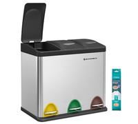 SONGMICS Cubo Triple para Cocina, 24 L, 3 x 8 L, Pedal, Acero | Sistema de Separación de Residuos, con Tapa, Plata y Negro Tinta, Colección ISLAND LTB24L