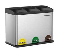 SONGMICS Cubo Triple para Cocina, Cubo Basura de Reciclaje, Pedal, Cubo de Basura de Metal 45 L, Sistema de Separación de Residuos Cubo para Cocina, 3 x 15 L, con Tapa, Acero, Plata/Blanco/Negro/Gris 