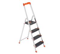 SONGMICS Escalera de 4 Peldaños, Escalera de Aluminio con Peldaños de 12 cm de Profundo, Plegable, Bandeja y Pies Antideslizantes, Carga de 150 kg, Negro y Naranja GLT04BK