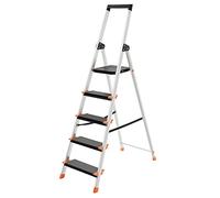 SONGMICS Escalera de 5 Peldaños, Escalera de Aluminio con Peldaños de 13 cm de Ancho, Antideslizante, Carga de 150 kg, Negro y Naranja GLT05BK
