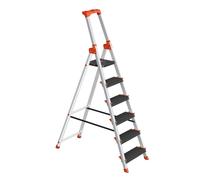 SONGMICS Escalera de 6 Peldaños, Escalera de Aluminio con Peldaños de 12 cm de Profundo, Plegable, Bandeja y Pies Antideslizantes, Carga de 150 kg, Negro y Naranja