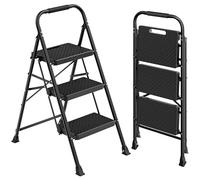 SONGMICS Escalera de Acero, Escalera Plegable de 3 Peldaños, Carga de 150 kg, para Casa, Oficina, Jardín, 73 x 46,5 x 102,5 cm, Negro GSL203BZ01