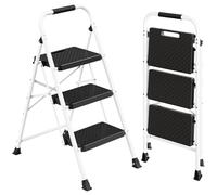 SONGMICS Escalera de Acero, Escalera Plegable de 3 Peldaños, Carga de 150 kg, para Casa, Oficina, Jardín, 73 x 46,5 x 102,5 cm, Blanco GSL203WZ01