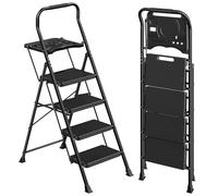 SONGMICS Escalera de Acero, Escalera Plegable de 4 Peldaños, Carga de 150 kg, para Casa, Oficina, Jardín, 84 x 45,5 x 145,2 cm, Negro GSL204BZ01