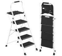 SONGMICS Escalera de Acero, Escalera Plegable de 4 Peldaños, Carga de 150 kg, para Casa, Oficina, Jardín, 84 x 45,5 x 145,2 cm, Blanco GSL204WZ01