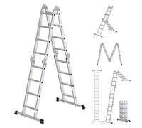 SONGMICS Escalera de Tijera, Escalera de Aluminio, Doméstica, 4 x 4 Peldaños, Carga de 150 kg, 16 Peldaños, Diseño 6 en 1, 430 cm de Largo, Plata GLT046E01