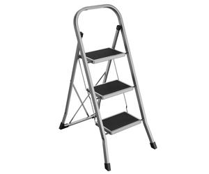 SONGMICS Escalera Plegable, Escalera con 3 Peldaños, Bloqueo de Seguridad, Fácil de Guardar, Carga hasta 150 kg, Gris Paloma/Blanco Simple/Negro