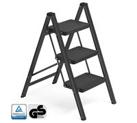 SONGMICS Escalera Plegable, Taburete Plegable de Acero, Escalera de 3 Peldaños, Carga hasta 150 kg, Fácil de Guardar, para Casa y Oficina, Negro, 73,5 x 43,4 x 85,5 cm