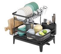 SONGMICS Escurreplatos, Escurridor para Encimera de Cocina de 2 Niveles, Giratorio 360° y Extensible, con Soporte para Cubiertos, 31 x 42 x 36,5 cm, Negro Tinta KCS551BH01