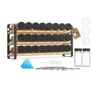 SONGMICS Especiero de 3 Niveles, con 24 Frascos de Vidrio | Organizador de Cocina, Etiquetas, Embudo, Cepillo, Negro Tinta y Bambú Natural, Colección BYSTRO KCS063B101