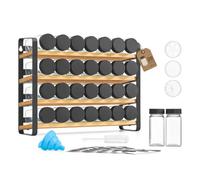 SONGMICS Especiero de 4 Niveles, con 28 Frascos de Vidrio | Organizador de Cocina, Etiquetas, Embudo, Cepillo, Negro Tinta y Bambú Natural, Colección BYSTRO KCS064B101